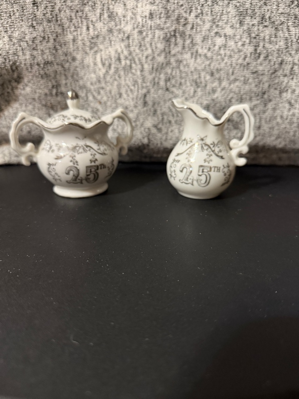 White Porcelain Creamer and Sugar Set with Silver 25th Anniversary Detail
